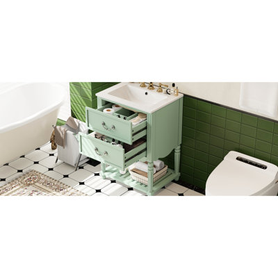Meuble-lavabo de salle de bain avec lavabo en céramique de 24 po de style Palace rétro, deux tiroirs en forme de U, tablette ouverte, trou de déversement de lavabo, robinet d'inspiration ajustée de 8 po, fermeture en douceur