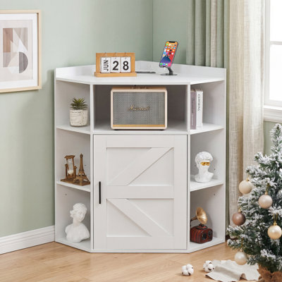 Corner Cabinet With Charging Station, Modern Home Office Storage Cabinet With 2 Outlets And 2 USB Ports, Triangle Bookshelf And Printer Stand With Barn Door For Small Spaces
