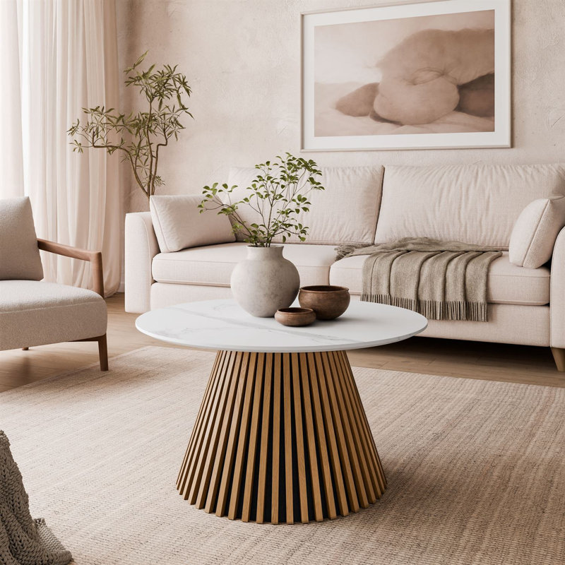 Pedestal Coffee Table, White Fake Marble, Marble