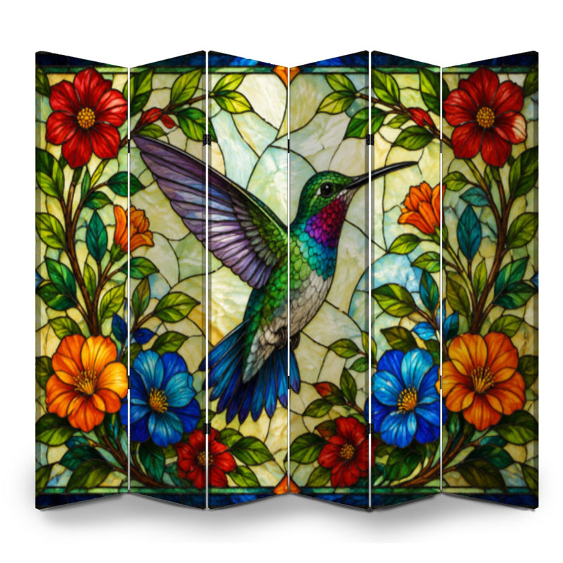 Cloison pliante 6 panneaux séparateurs de colibris fleurs sur toile séparateur mural de protection autoportant, 6