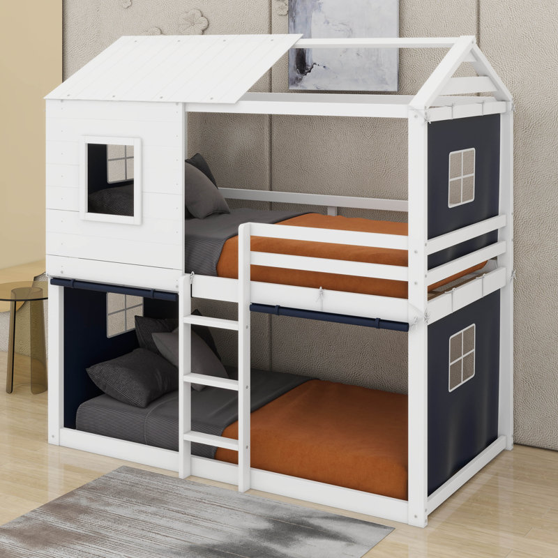 Lit double superposé en bois avec tente, Double, Bleu / blanc