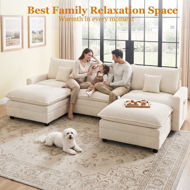 Canapé d'angle modulaire en forme de U de 108 pouces de large avec 2 poufs, White Corduroy