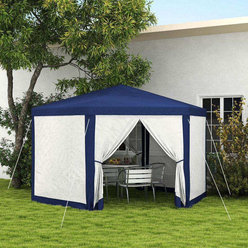 Tente de réception hexagonale bleue 13 'x 11' avec parois latérales grillagées, auvent, cordes et piquets. Convient pour les rassemblements de camping, la tente à deux portes facile d'accès, les parois latérales de protection pour abri de soleil.