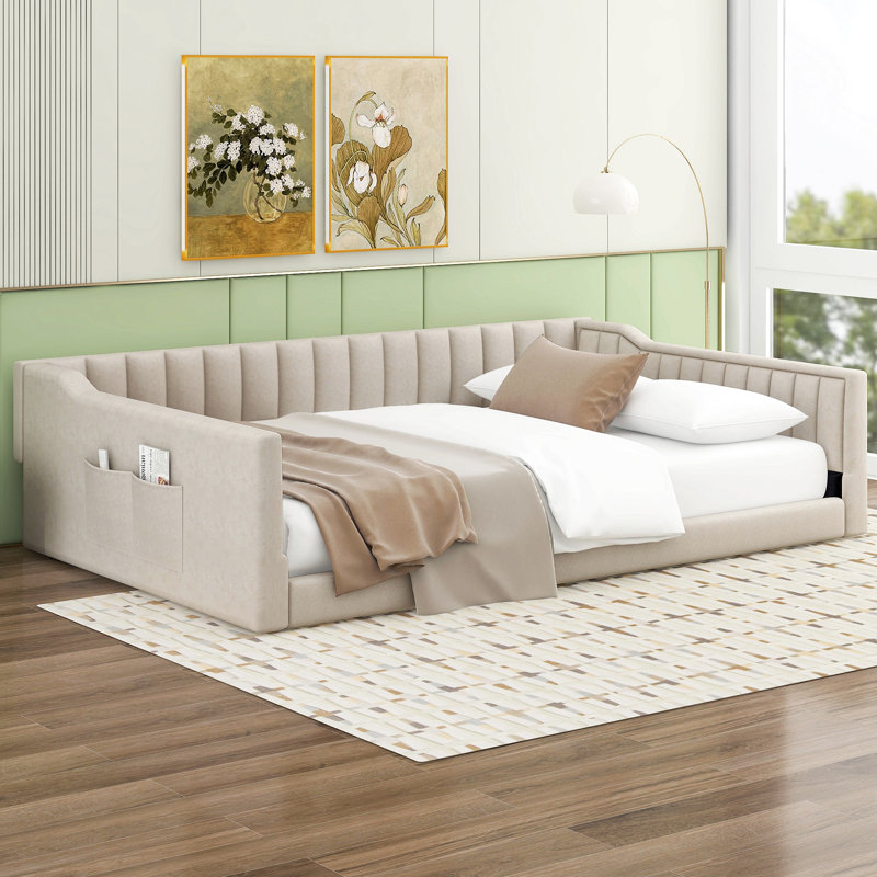 Full XL Size Upholstery Daybed And Side Storage Pocket, Beige