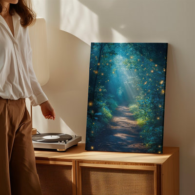 Canvas A Mystical Forest Path Illuminated By Soft Golden Fairy Lights Wall Art Surrounded By Lush Greenery And Vibrant Foliage The Canvas Wall Art