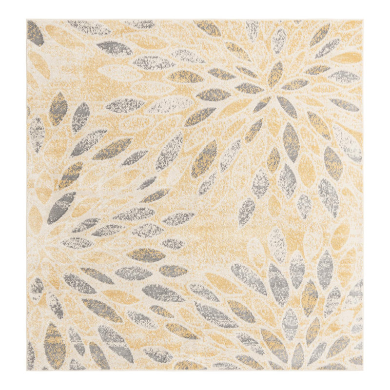 Aamia Abstract Gray/Blue Area Rug, Yellow, Square 8'