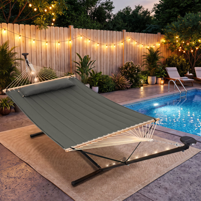 12 pi. Hamac portatif robuste avec support et coussin amovible - Lumières DEL à énergie solaire - Capacité de 475 lb