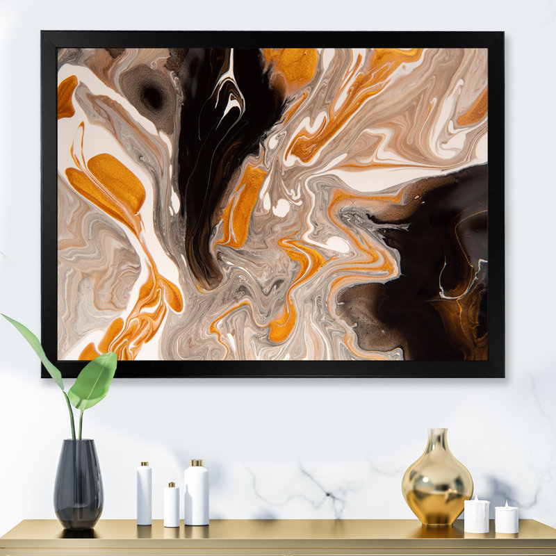 Orange et vagues de marbre noir III - peinture sur toile, H 12 po x l 20 po x P 1 po, Cadre noir