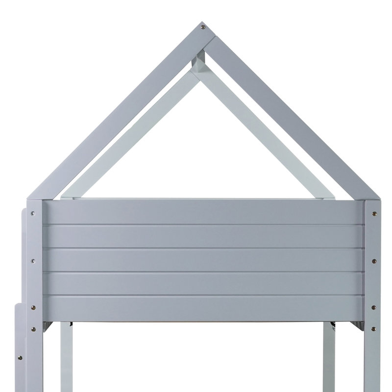 Twin Over Twin Solid Wood House Floor Bunk Bed With Ladder, Gray
