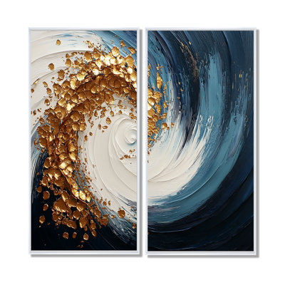 White Blue And Gold Maelstrom Of Creativity I - Blue Modern Wall Art 2 Pieces