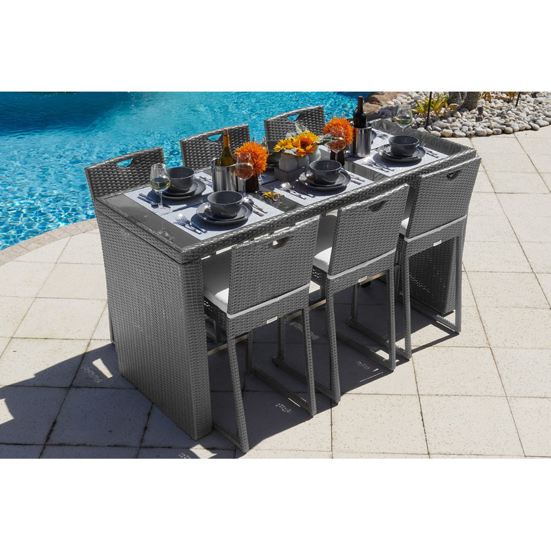 Bari 6 - Person Wicker Patio Dining Set with Rectangular Table , Cushions Included, Gray, Mixed Gray