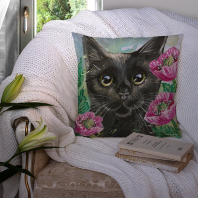  Black Cat in Flowers Indoor / Outdoor 14" Throw Pillow