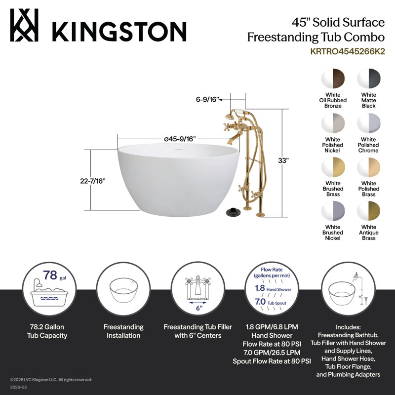 Kingston Arcticstone 45-Inch Solid Surface Round Double Ended Freestanding Tub With Faucet Combo And Drain, Polished Nickel