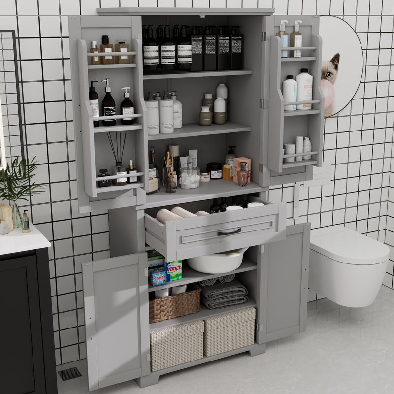 Armoire de rangement pour salle de bain avec portes et tiroir, plusieurs espaces de rangement, tablette réglable, gris, Gris