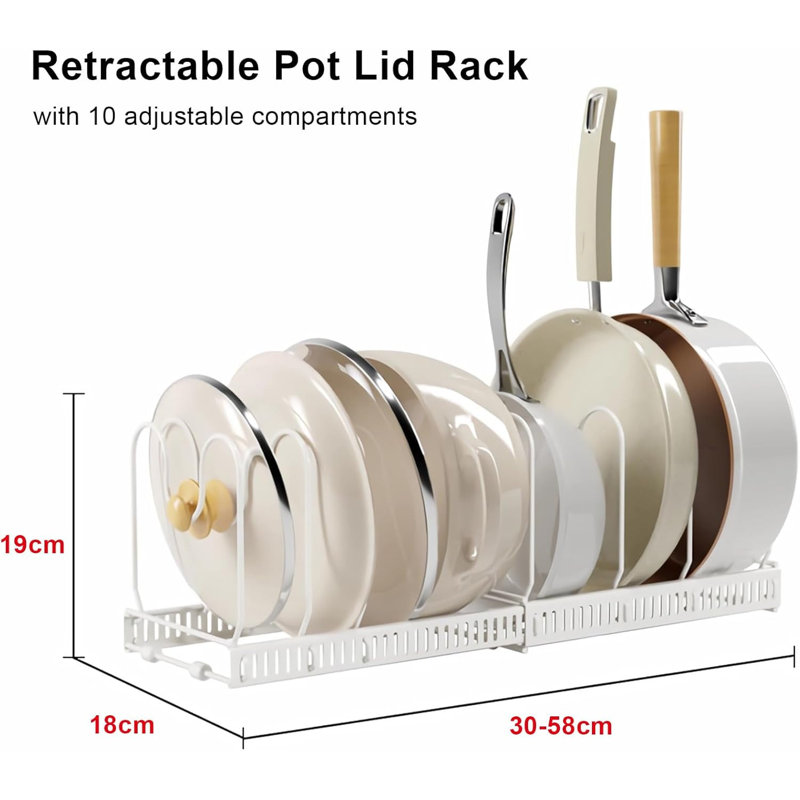  Expandable Pans Organiser Rack, 10 Adjustable Compartments, Pantry Cupboard Bakeware Lid Plate Holders, White
