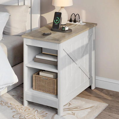 Narrow Side Table With Charging Station And Storage Shelf, Farmhouse Nightstand For Small Spaces, Living Room, Bedroom, Set Of 2