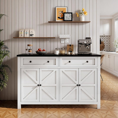 Buffet Buffet, blanc - grand rangement de cuisine de ferme avec 2 tiroirs, 4 portes de grange et bar à café pour la cuisine ou le salon