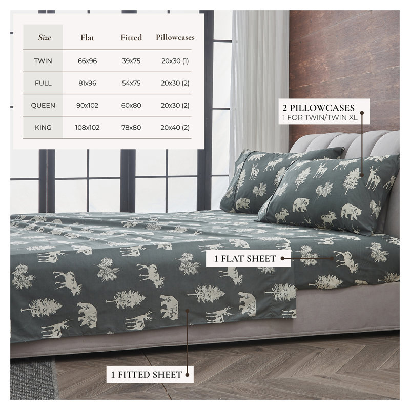 Ultra Soft Lodge Printed Microfiber Sheet Set, Twin, Forest Animal Dark Gray
