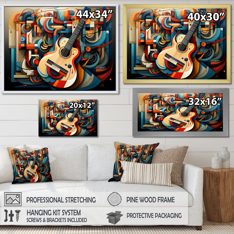 Cubique, mélodie de guitare bleue et blanche - musique, art mural, Cadre d'angle fermé noir, H 24 po x l 32 po x P 1 po
