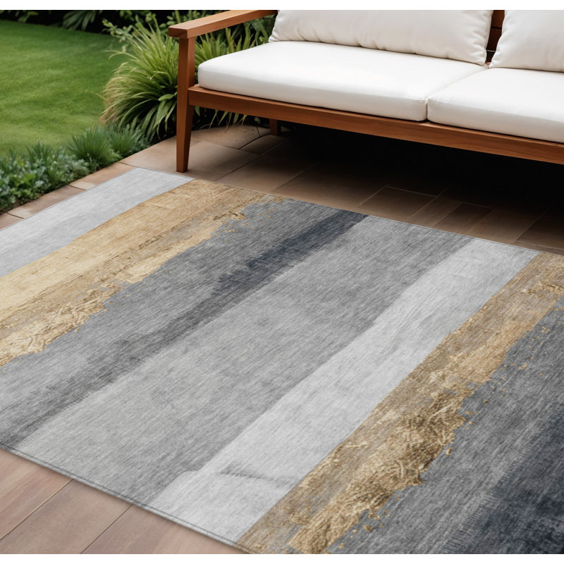 Tapis intérieur/extérieur lavable à rayures dorées et grises 3 m x 4,2 m