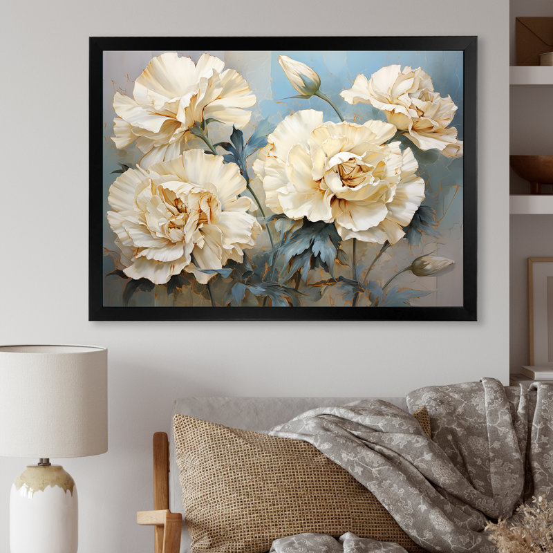 Oeillets beige sur fond bleu I - œillets, reproduction d'art mural, Cadre photo noir simple, H 24 po x l 32 po x P 1 po