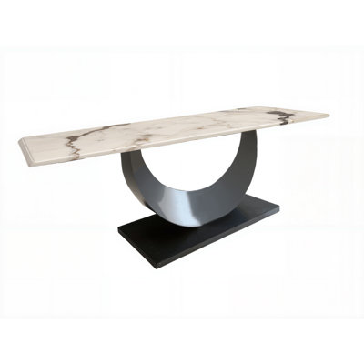 Table de salle à manger moderne en pierre frittée avec base en acier au carbone - Table de salle à manger industrielle de luxe pour maisons contemporaines