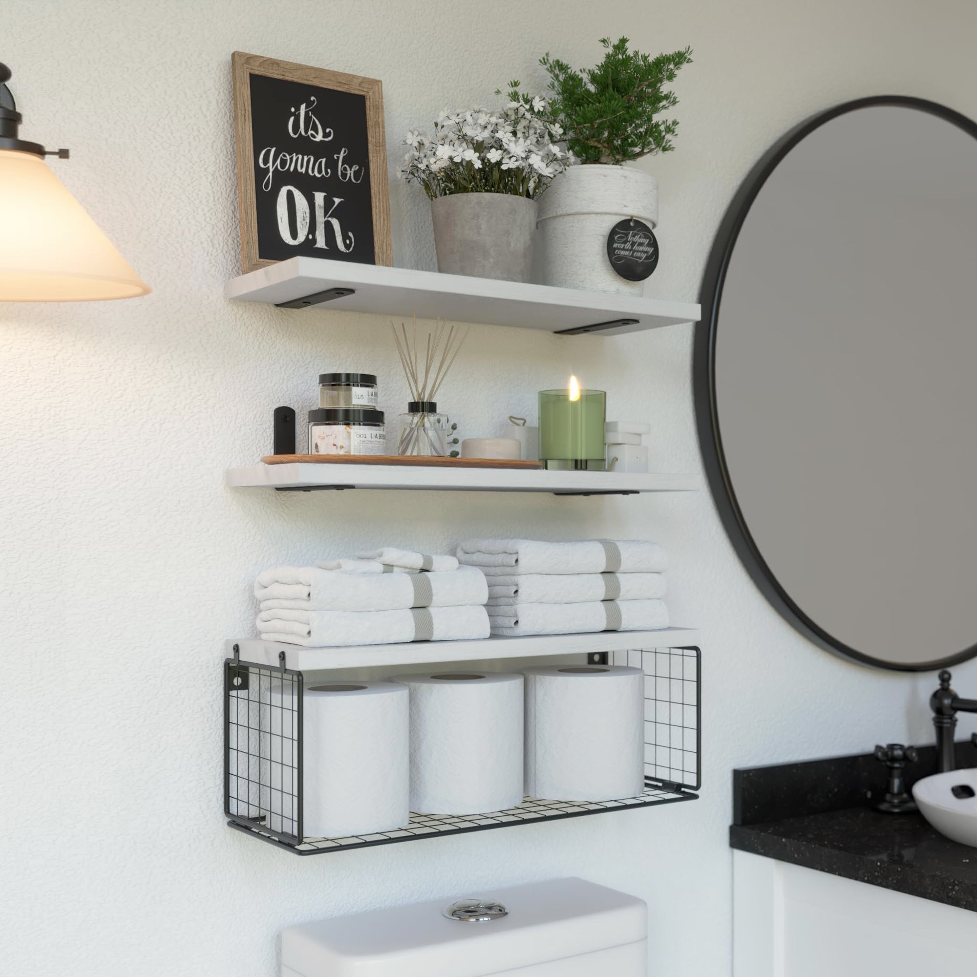 Latitude Run® Floating Bathroom Shelves with Wire Baskets (Set of 3 ...