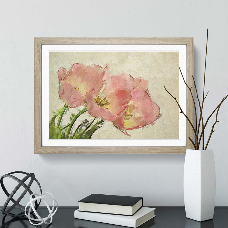 Pink Tulip Art in Abstract - Picture Frame Painting Print, 27cm H x 36cm W x 2cm D, Oak Framed