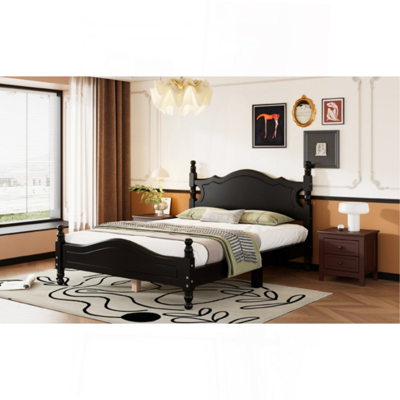 Structure de lit double en bois pleine grandeur, lit plateforme de style rétro avec support en lattes de bois, noir