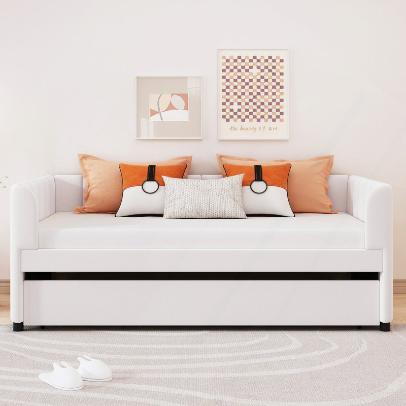 Lit de jour rembourré avec dossier ergonomique et gigogne, beige