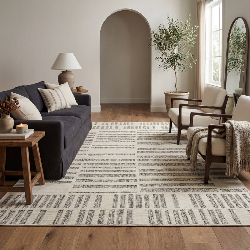 Rug Branch Linea 4' x 6' (3'11" x 5'7") Cream/Beige Striped Indoor Area Rug, Contemporary, Low Pile, Stain-Resistant Carpet - Living Room, Bedroom, Dining Room, and Kitchen