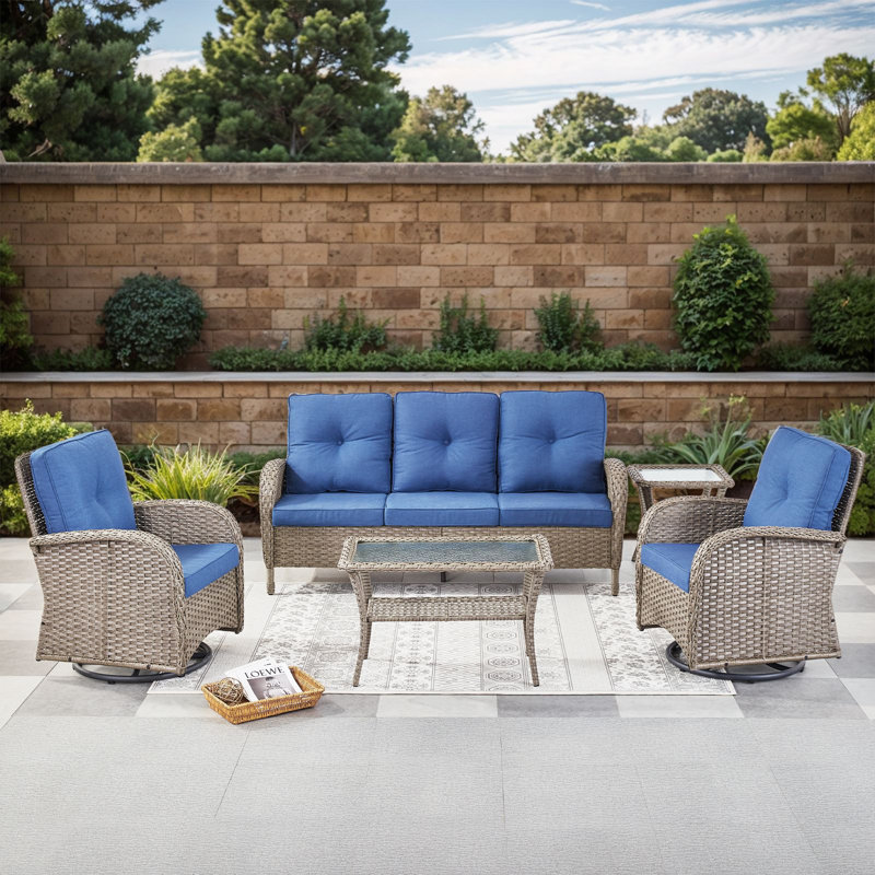 Valierius 5-Piece Outdoor Wicker Patio Furniture With 3 Seat Sofa & Swivel Chair, Coversation Set With Water Resistant Cushions