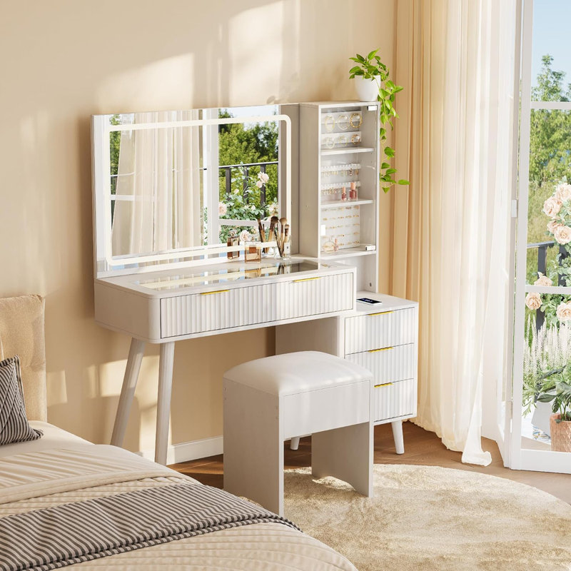 Meuble-lavabo cannelé de 48 pouces avec station de charge avec miroir éclairé, Blanc