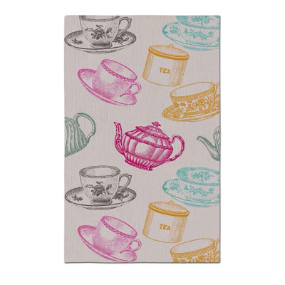 Teacup and Teapot Theme Woven Base Machine Washable Rug
