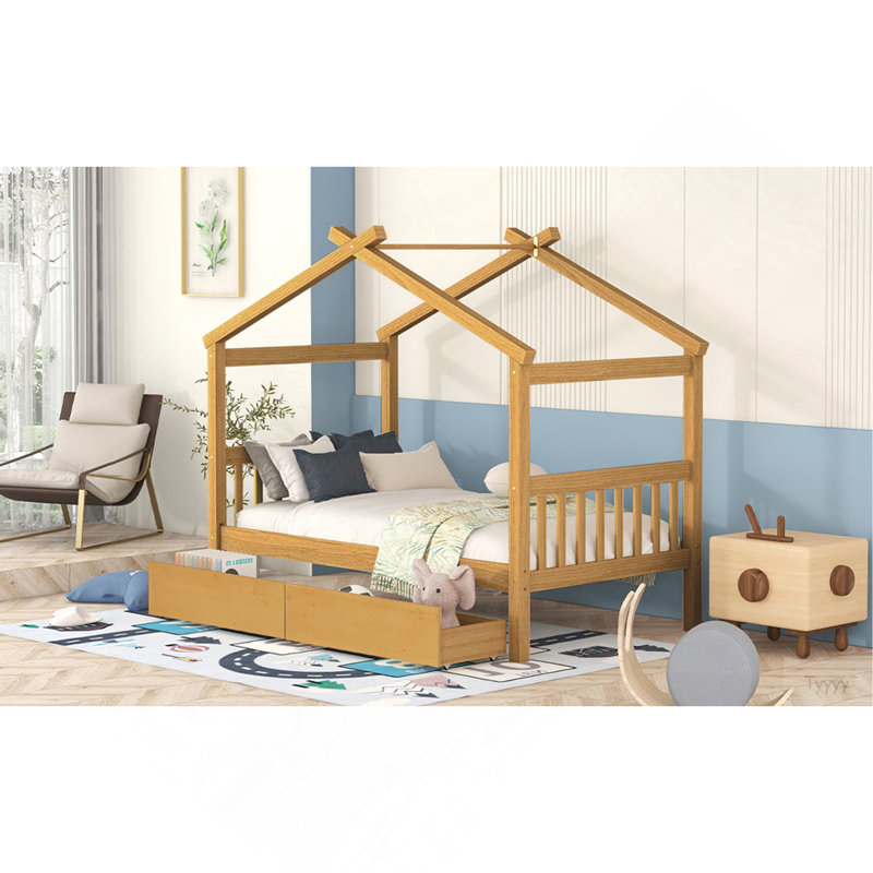 Lit simple en bois avec tiroirs, Naturel, Twin