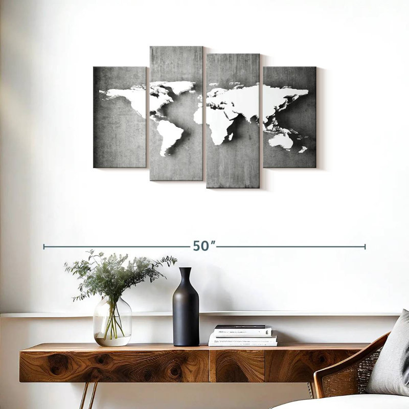 Carte du monde de fer - ensemble de 4 toiles tendues, H 36 po x l 22 po x P 1 po