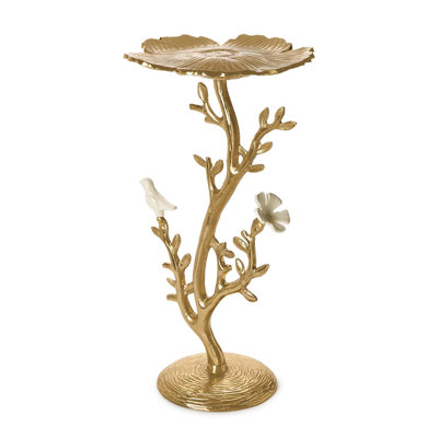 Table d'appoint en aluminium recyclé H 23,5 po avec coquelicots et oiseaux en céramique
