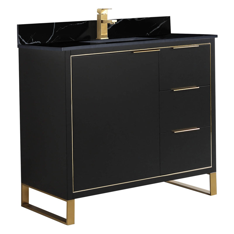 Meuble-lavabo sur pied simple 36 po avec plateau en pierre Gesel, Noir mat, Laiton satiné, Noir