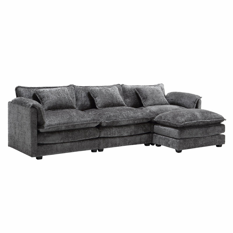 Millan 112" L Shaped Modular Sectional Sofa with Ottoman & Memory Foam, Grey Chenille
