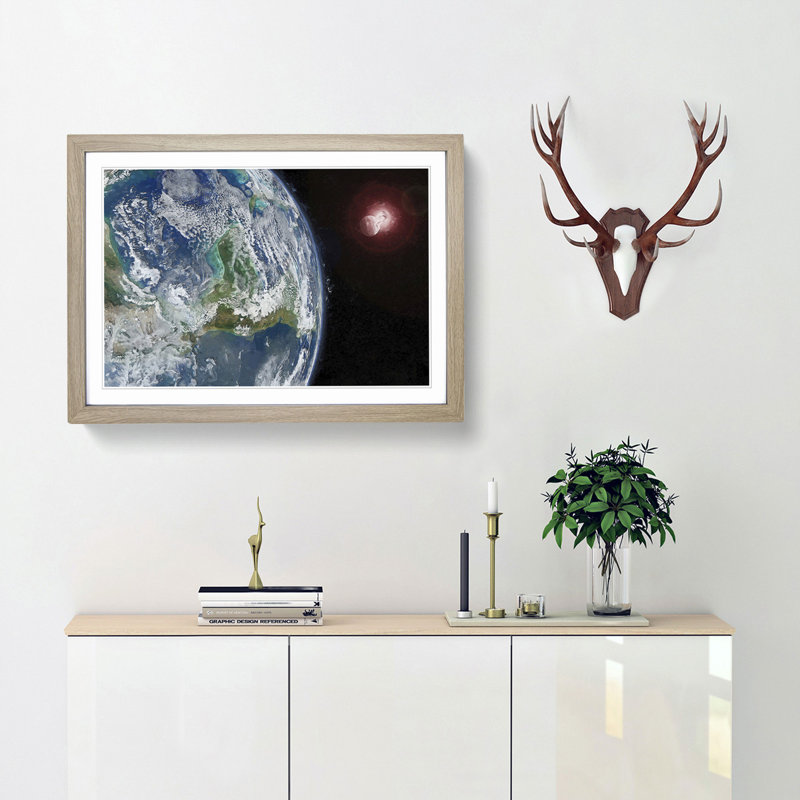 Earths View of the Sun and Moon - Picture Frame Graphic Art Print, Oak Framed, 62cm H x 87cm W x 2cm D