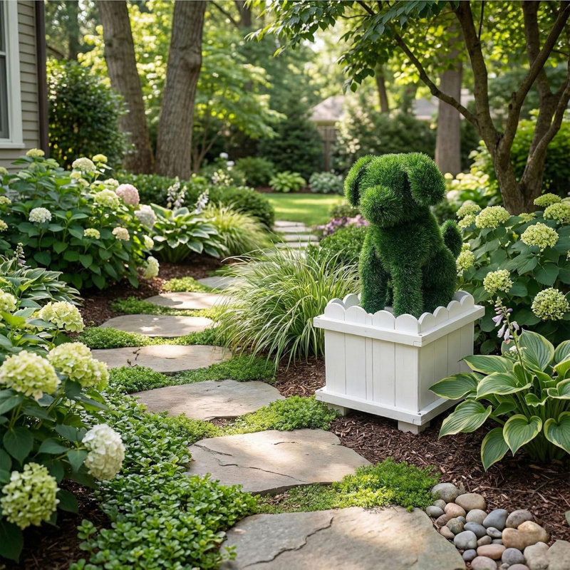 Decorative White Planter Box With Artificial Dog Topiary - 2 Pack