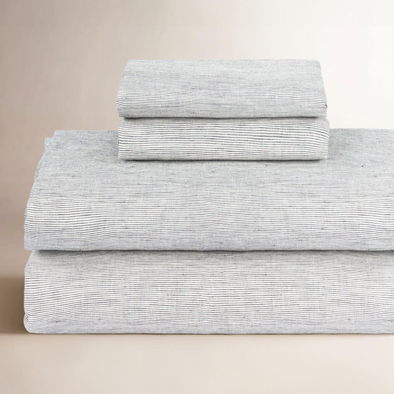 100% French Linen Sheet Set, Full Sheet Set with 2 Pillowcases, Shadow Pinstripe