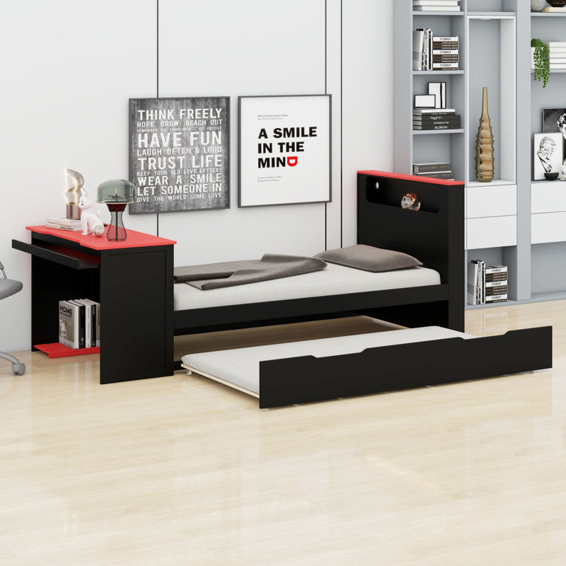 Innovative Wood Daybed with Trundle, Desk, LED Light & USB Connectivity, Black+Red, Twin
