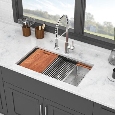 16 Gauge T304 Stainless Steel 33" Undermount Single Bowl Kitchen Sink With Z - Shaped Ledge For Optimal Workflow, X Water Flow Quick Drain, Coating And Pad Package Drain Assembly Drying Rack 33 X 19