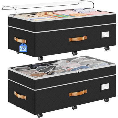 2 Pack 80L Rolling Under Bed Storage with Wheels, Clear Lid Adjustable Underbed Organizer, Black Storage Containers for Clothes Blankets Toys Shoes Dorm Home