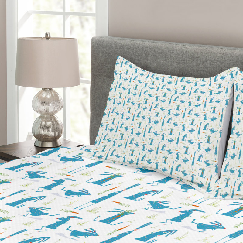 Adylene Blue/Orange/White Microfiber Bedspread Set, 220 x 264 cm
