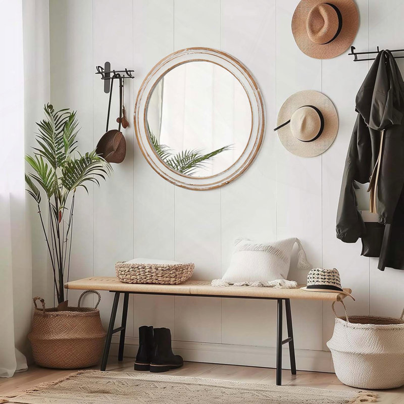 Miroir mural rond en bois, 27,56 po x 27,56 po, Chêne blanc antique