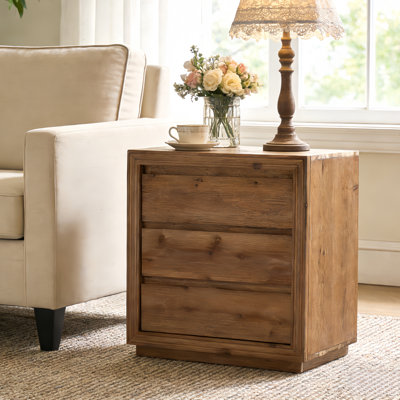 23.62" Solid Wood End Table, Rectangular Side Table With 3 Storage Drawers For Living Room