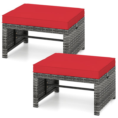 2 Pieces Patio PE Rattan Ottomans with Soft Zippered Cushions for Deck Red
