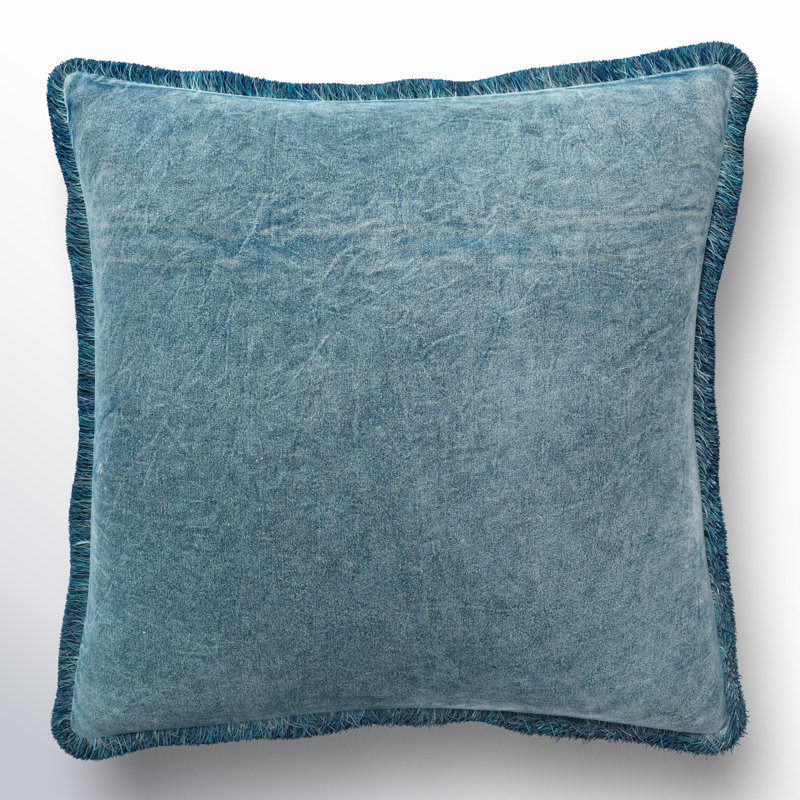 Steph Fringed Cotton Throw Pillow, Denim, Polyester/Polyfill, 18" x 18"